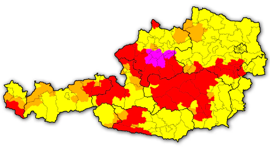 Unwetterkarte für Österreich am 13. August, Stand 16 Uhr