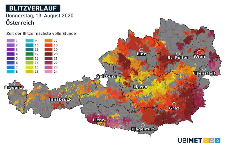 Blitzverlauf der Unwetter am Donnerstag, 13. August 2020