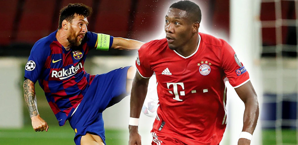 David Alaba kracht auf Lionel Messi.