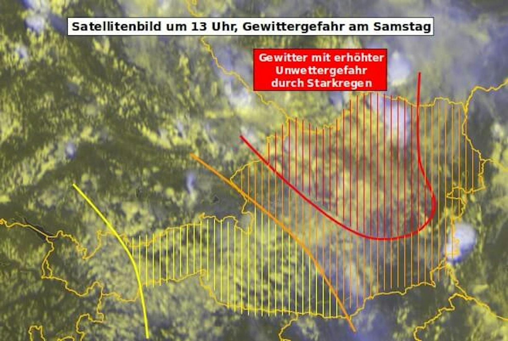 Satellitenbild um 13 Uhr MESZ und Unwettergefahr am Samstag