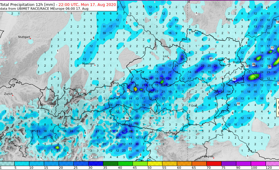 Niederschlagsprognose bis Mitternacht, 17. August 2020