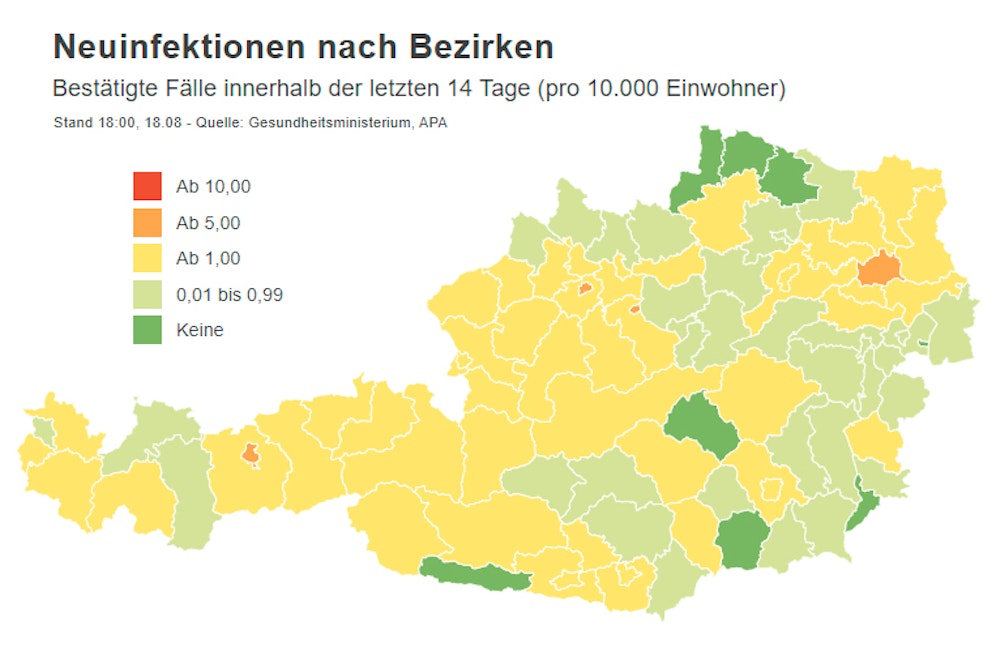 Corona-Karte auf Basis der Daten des Gesundheitsministeriums. Stand 18. August, 18 Uhr