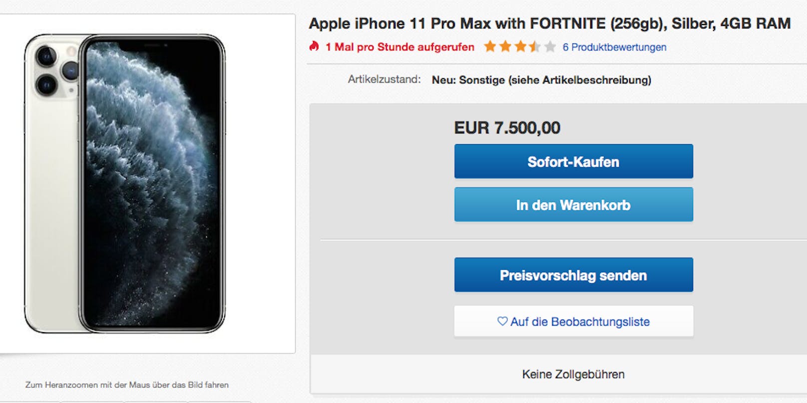 iPhone mit vorinstalliertem Fortnite für 7.500 Dollar auf ebay.de