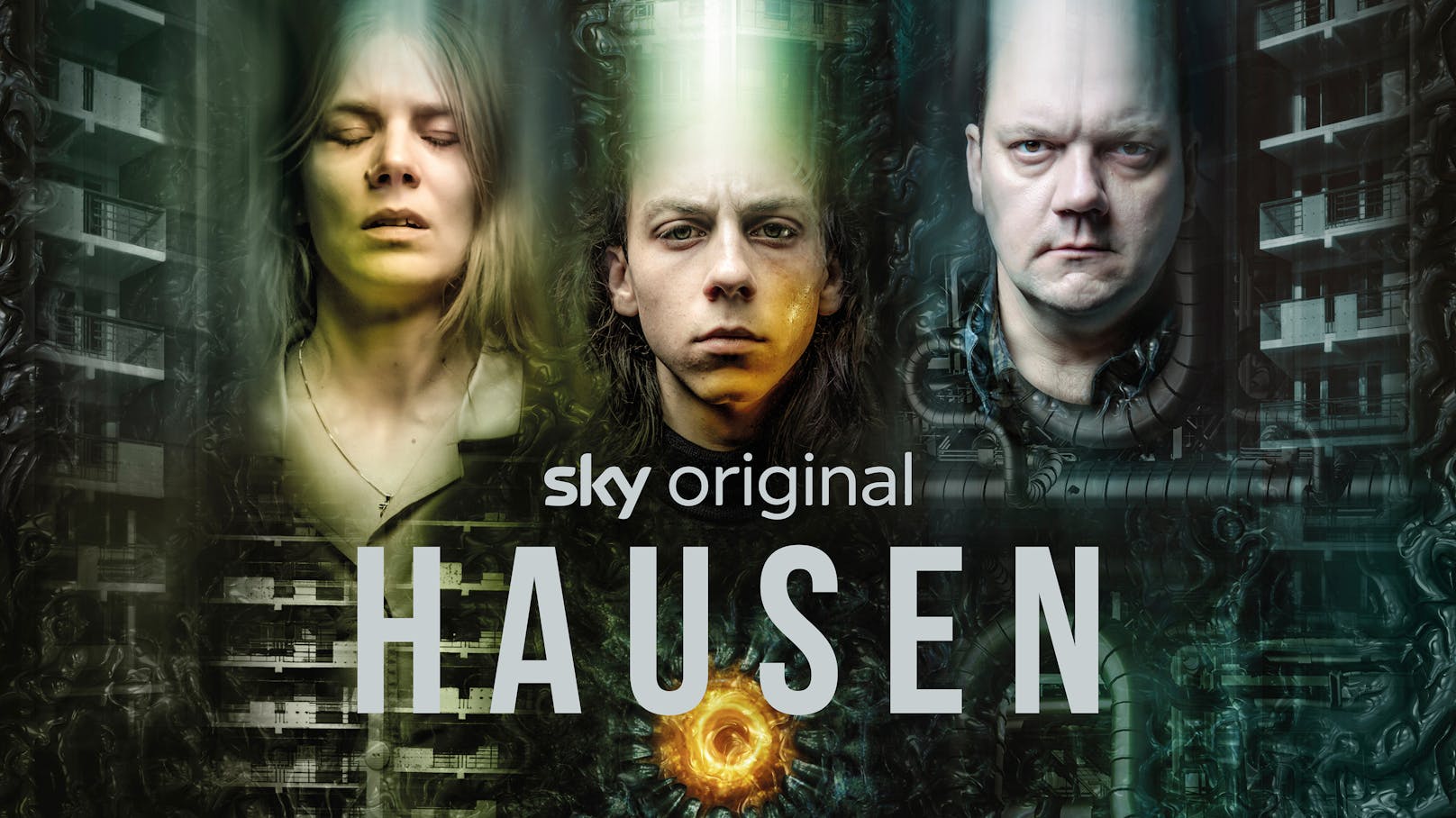 Im neuen Sky-Original "Hausen" kommt Juri (Tristan Göbel, Mitte) dem mörderischen Geheimnis eines verfluchten Plattenbaus auf die Spur.
