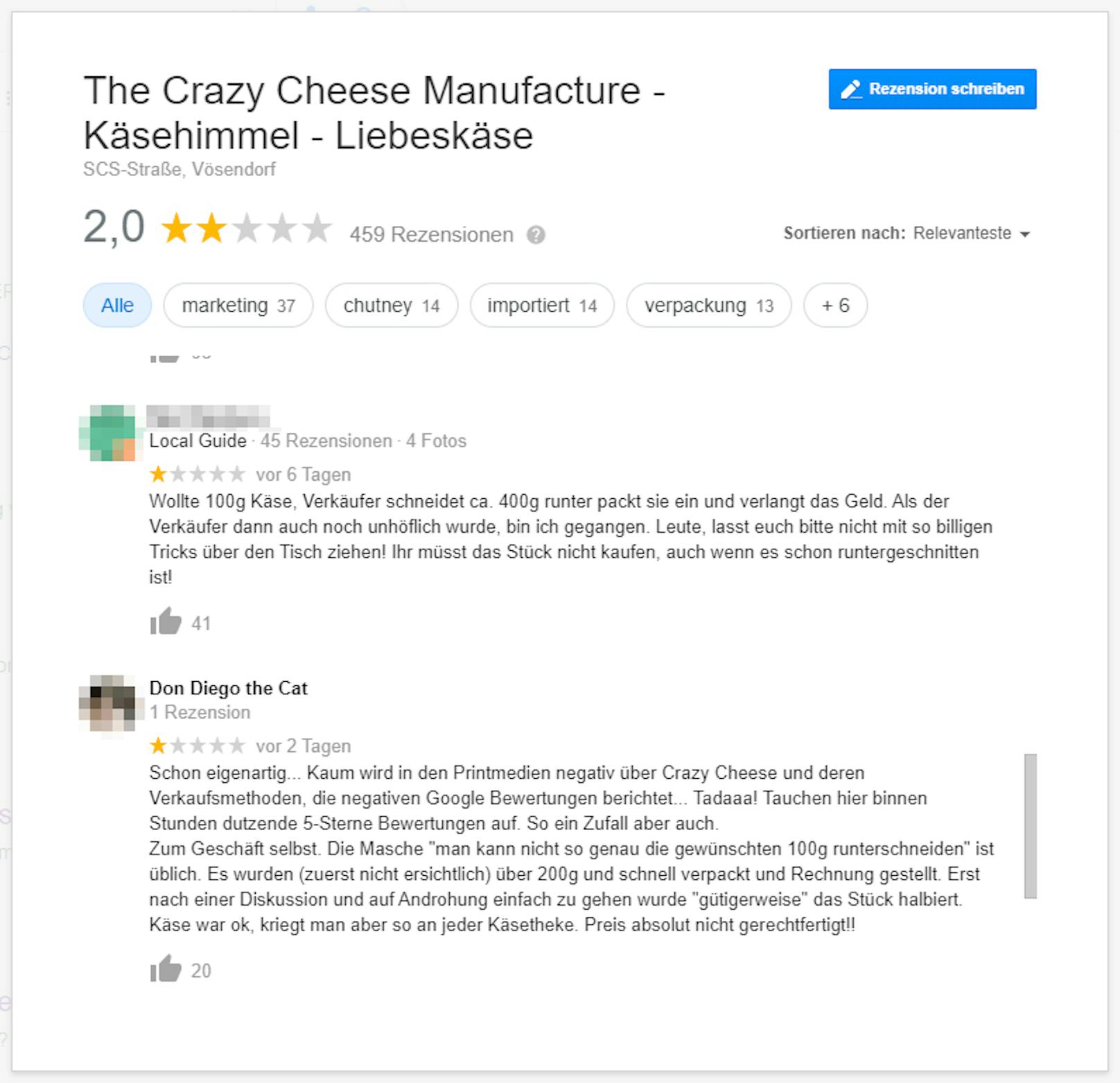 Abzock-Vorwürfe gegen "The Crazy Cheese Manufacture" in den Google Rezensionen. Screenshots vom 24. August 2020