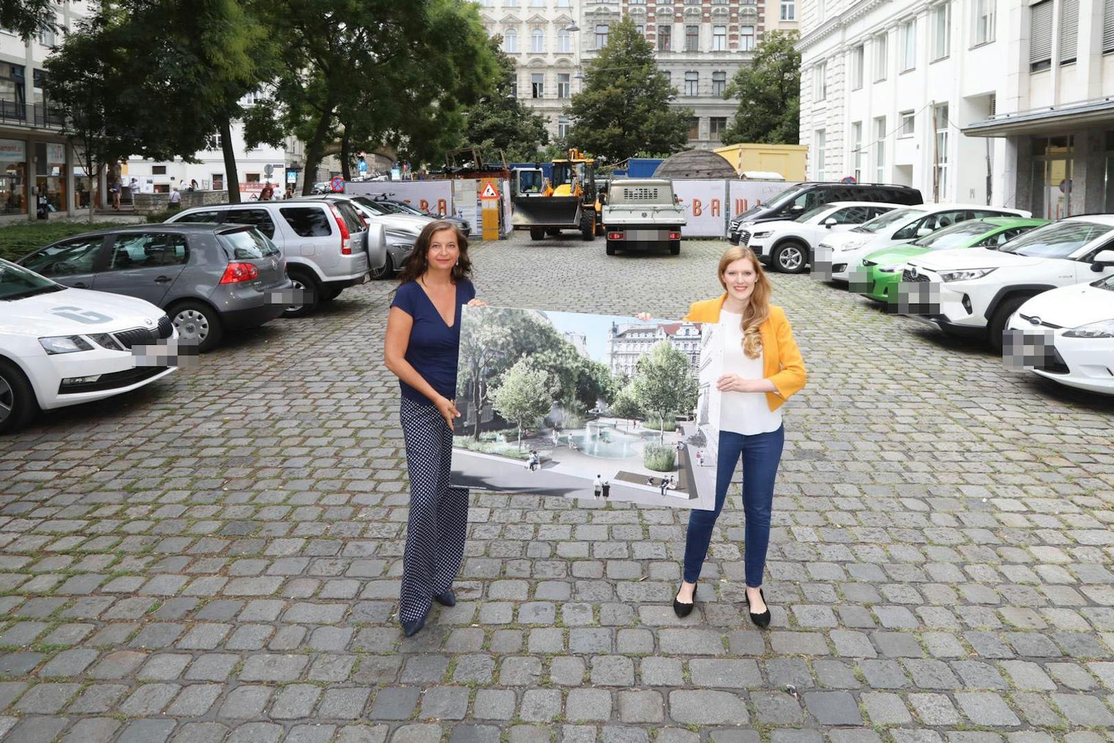 Stadträtin Ulli Sima (li.) und City-Spitzenkandidatin Lucia Grabetz (beide SPÖ) fordern einen Wasserspielplatz für den Concordiaplatz.