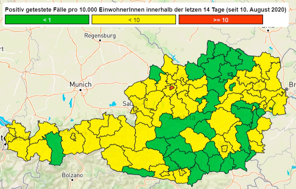 Wels ist einzige Stadt, in der die CSH-Corona-Ampel aktuell auf Rot steht (24. August 2020)
