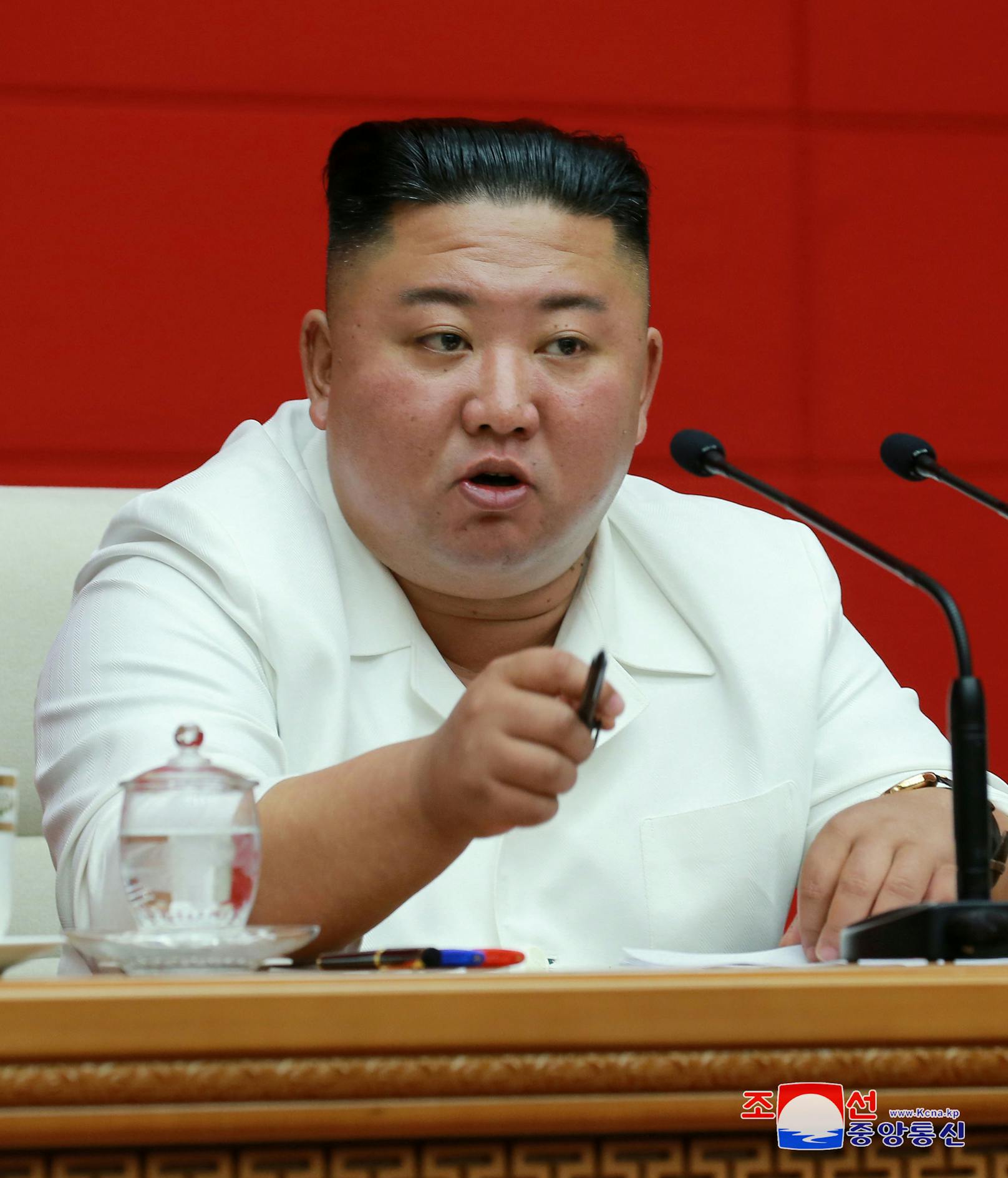 Kim Jong-un bei einer Plenarsitzung in Pjöngjang. Die Fotos wurden von Nordkoreas Nachrichtenagentur KCNA am 20. August 2020 veröffentlicht.