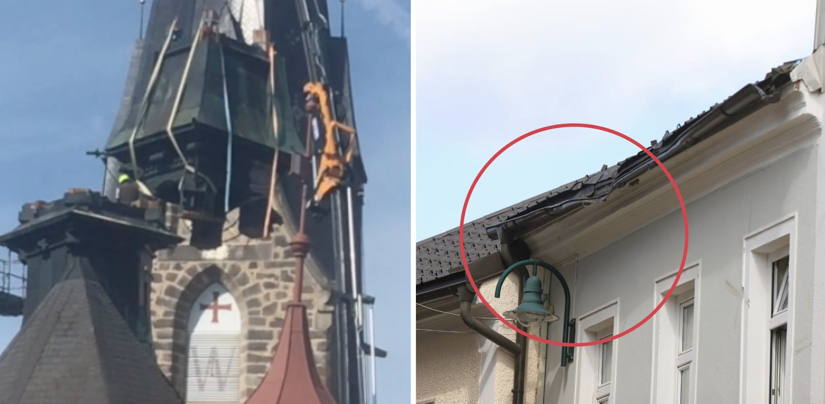Der Kran gab nach, der Kirchturm stürzte ab und beschädigte das Dach des Rathauses in Bad Leonfelden.