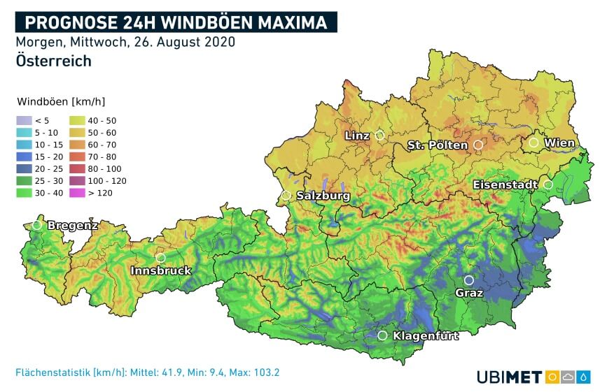 Prognose der maximalen Windböen am Mittwoch.