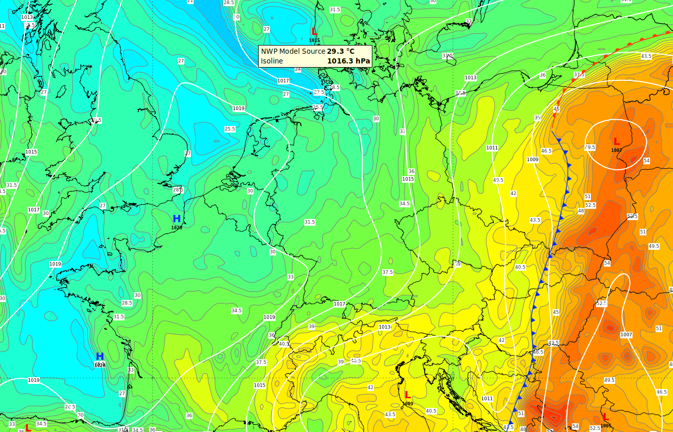 Frontenkarte für Montag, den 31.8.2020 und äquivalent potentielle Temperatur nach GFS