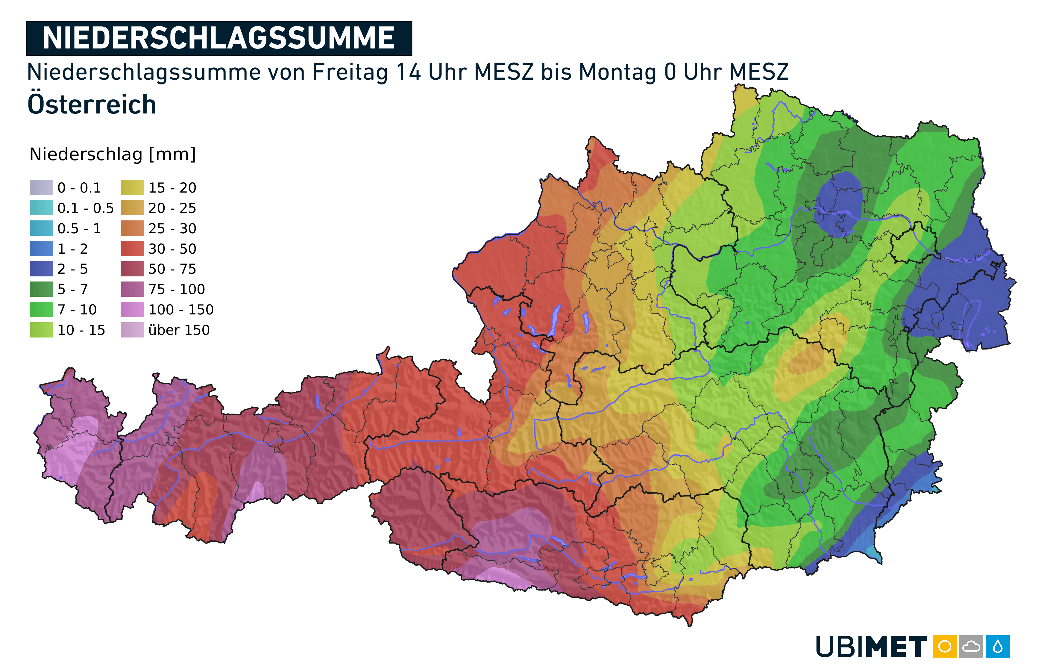 Prognostizierte Niederschlagsmengen von Freitagnachmittag bis Sonntagnacht