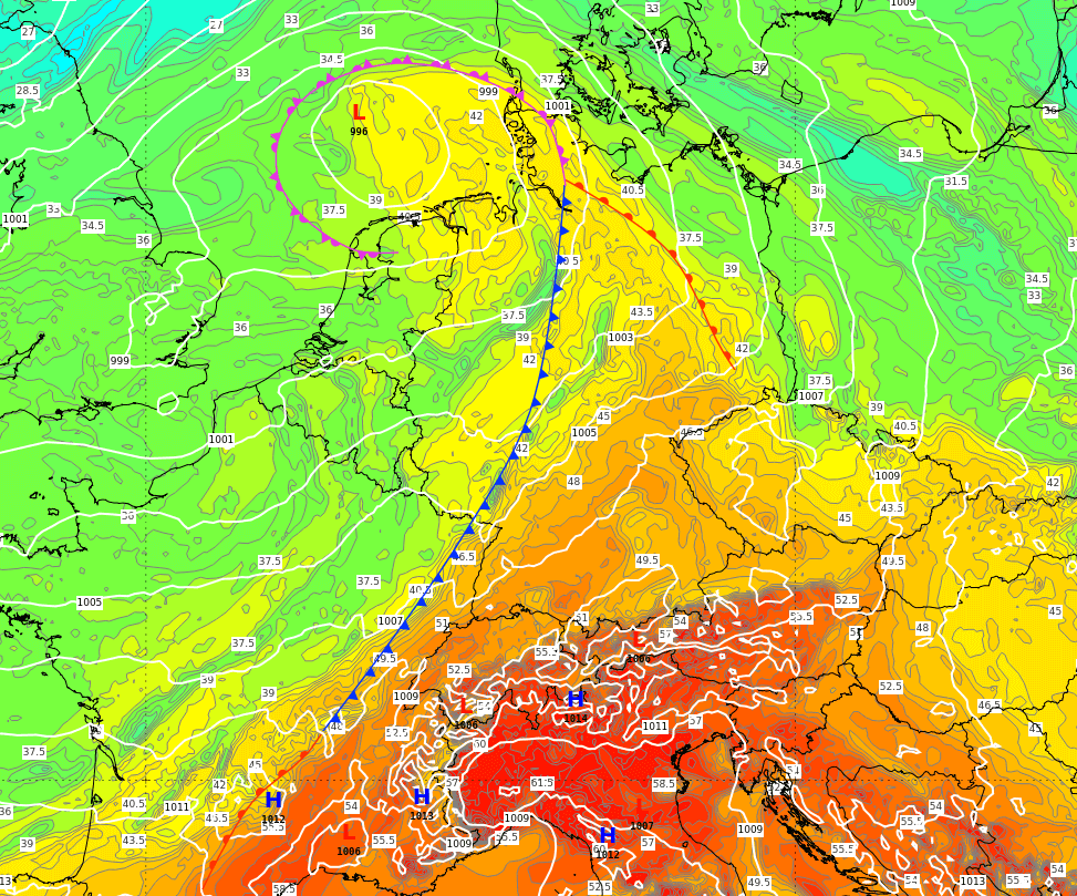 Frontenkarte für Freitag, den 28.8.2020 und äquivalent potentielle Temperatur nach ICON