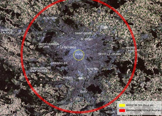 Zerstörungswirkung der Zar-Bombe über einer Karte von Paris: Der rote Kreis umfasst die Zone totaler Zerstörung (Radius: 35 km), der gelbe Kreis den Feuerball (Radius: 3,5 km).