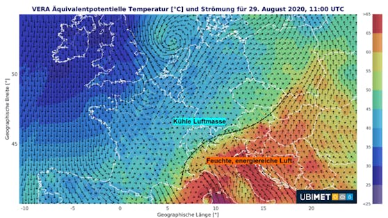 Very humid air enters the country from the south