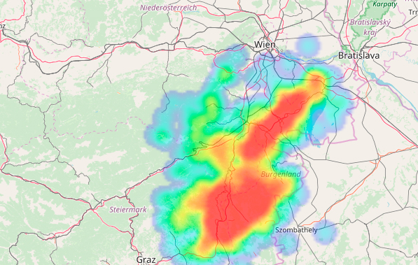 Blitzentladungen über Österreich zwischen 17.15 und 20.45 Uhr (29. August 2020)
