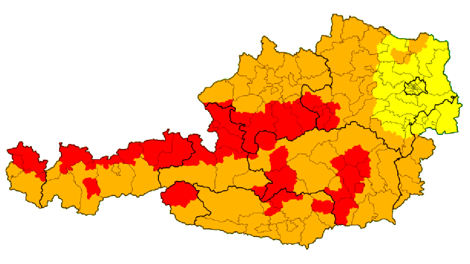 Unwetterwarnkarte am 3. August, 21 Uhr: An der Alpennordseite wird heftiger Regen erwartet, in der Steiermark dafür kräftige Gewitter und Hagel