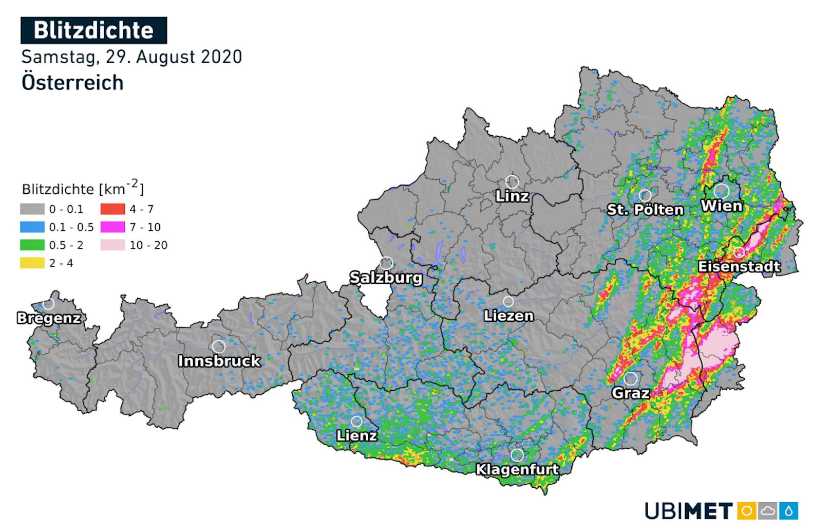 So viele Blitze wurden am Samstag, 29. August in Österreich registriert.