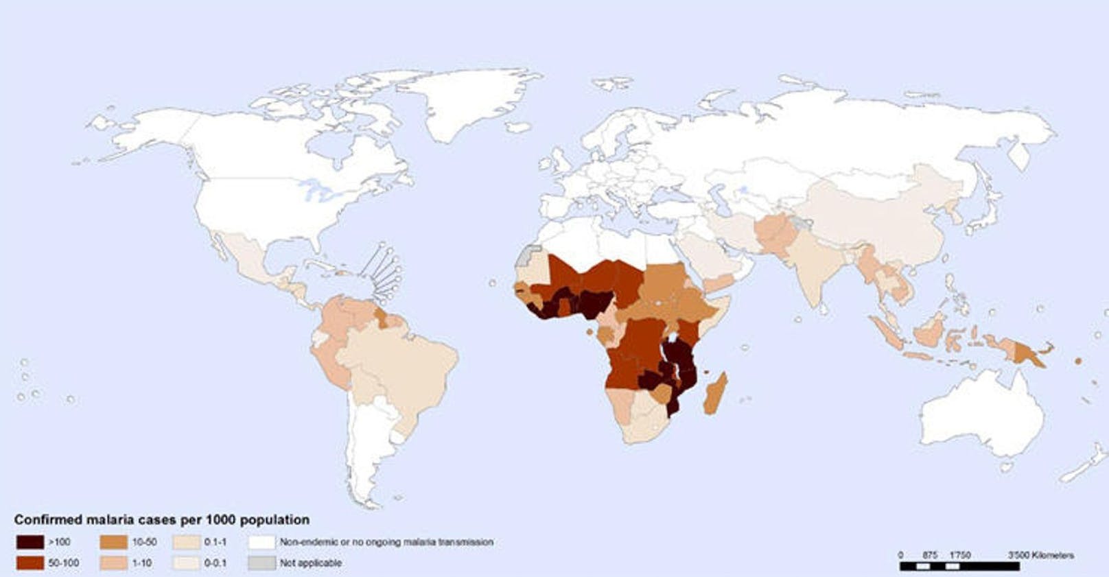 <strong>Malaria-Verbreitung: </strong>Malaria kommt in allen tropischen Gebieten Afrikas, Amerikas und Asiens vor. Etwa 90 Prozent der Erkrankten leben jedoch in Afrika, wo der besonders aggressive Erreger Plasmodium falciparum überwiegt.
