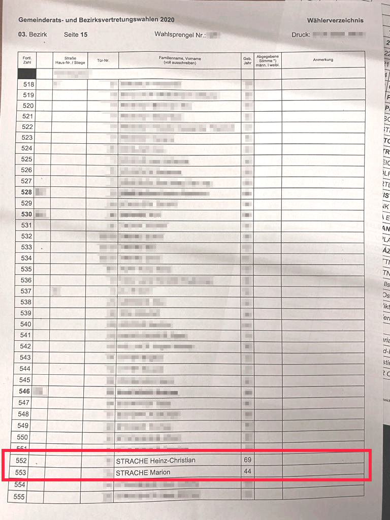 Die Wählerliste zeigt: Strache wohnt bei seiner Mama Marion