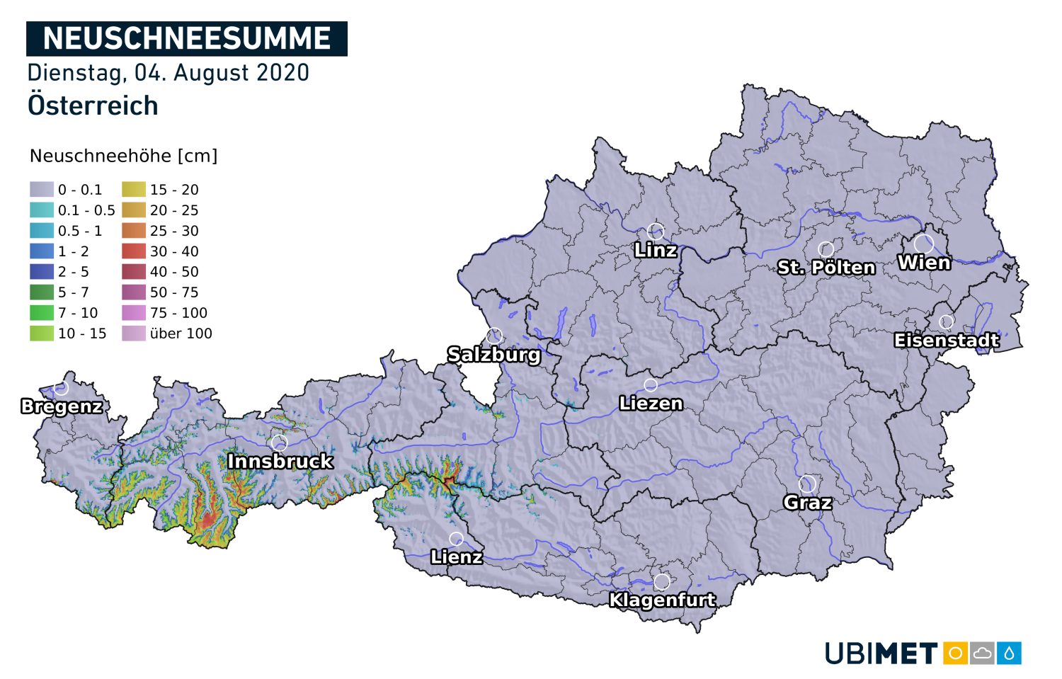 Neuschneesumme in Österreich am 4. August 2020