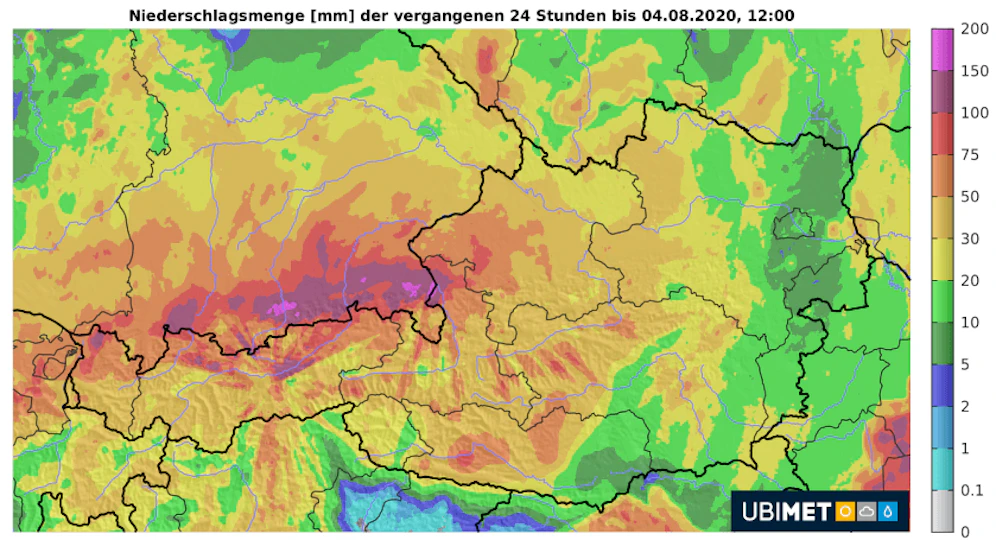 Niederschlagsmengen in mm der vergangenen 24 Stunden bis 4. August 2020, 12 Uhr