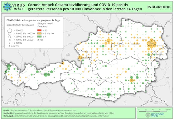 Corona-Ampel: Gesamtbevölkerung und COVID-19 positiv getestete Personen pro 10.000 Einwohner*innen in den letzten 14 Tagen.