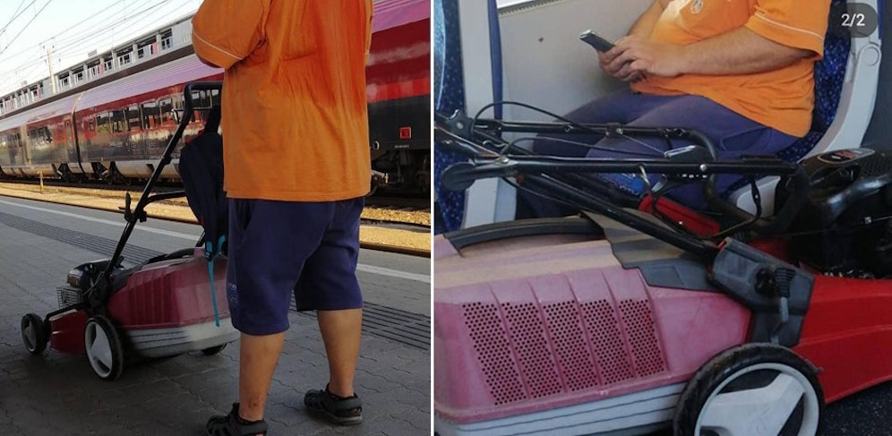 Ein Mann stieg einfach mit einem riesigen Rasenmäher in den Zug ein.