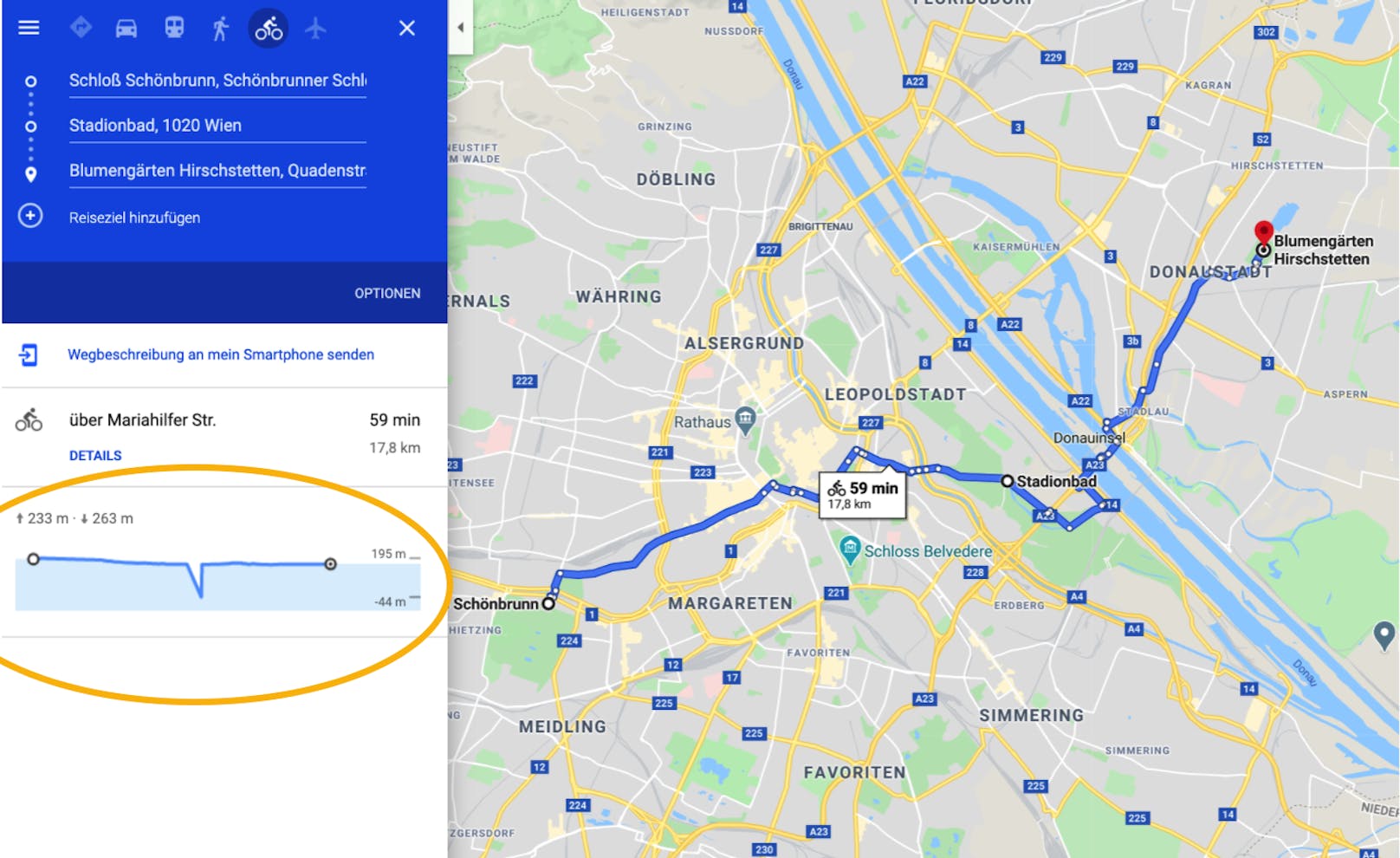 Die wichtigsten Google-Tipps für Radler – 1.: Höhenmeter-Anzeige: Entspannt einen Ausflug am Rad oder vielleicht doch eine sportlichere Einheit einlegen? Bei der Streckenberechnung zeigt Google Maps die zu bewältigenden Höhenmeter an, damit man einschätzen kann, wie flach oder steil die Route sein wird.