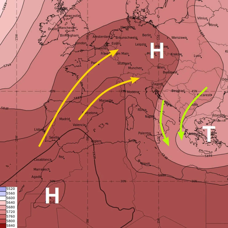 Wetterlage am Sonntag – 500 hPa getoppt. (Höhe vom Modell ECWMF)