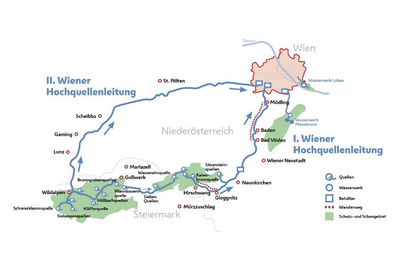 So verlaufen die beiden Wiener Hauptquellleitungen.