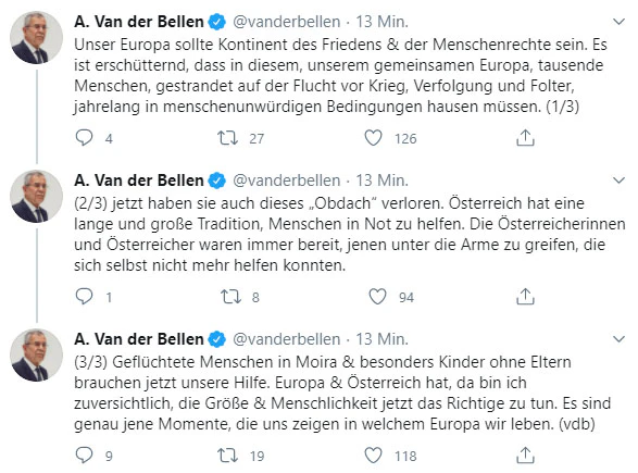 Alexander Van der Bellen fordert Hilfe für Flüchtlinge aus Moria.