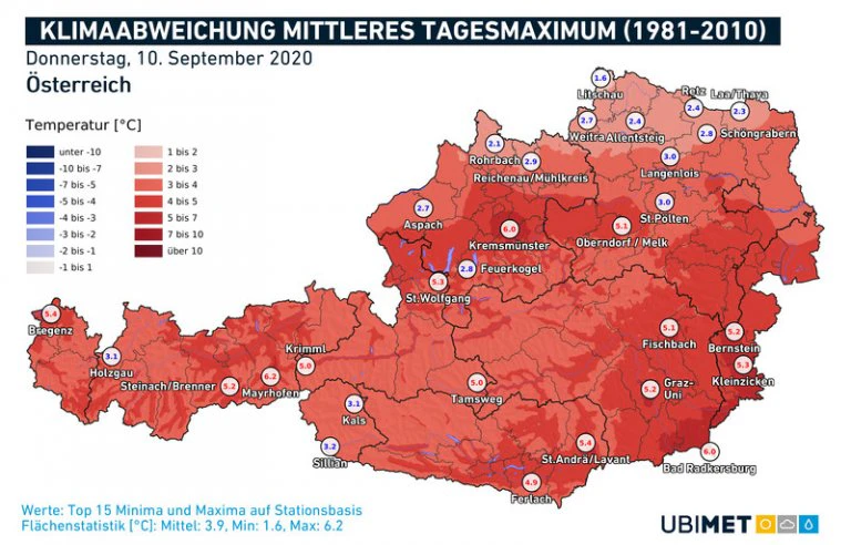 Abweichung der Höchsttemperaturen am Donnerstag vom klimatologischen mittleren Maximum für diesen Tag