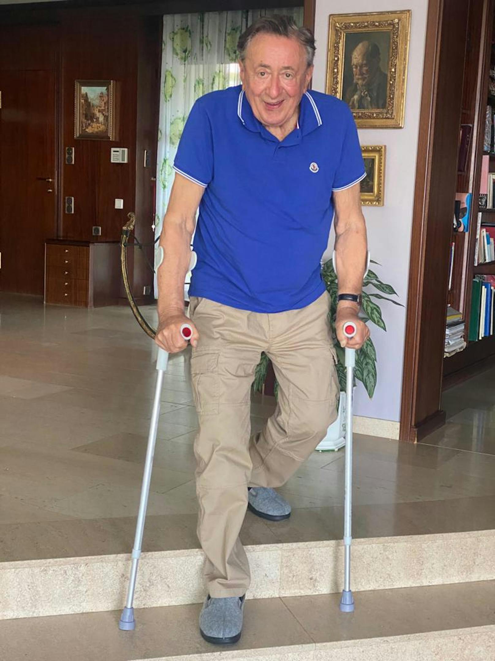 Lugner ist wieder zu Hause - mit Krücken allerdings muss er jetzt noch gehen. Seine Physio-Therapeutin Lisa trainierte das Stiegensteigen.