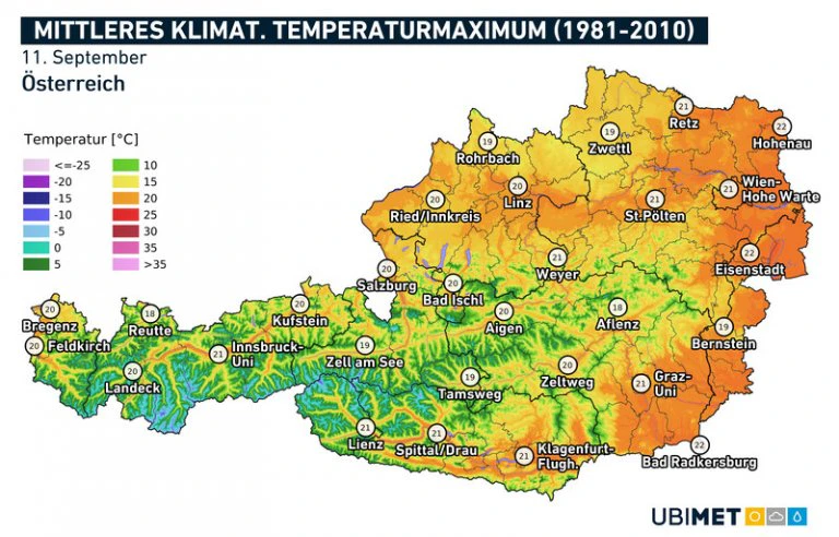 Mittleres klimatologisches Temperaturmaximum an einem 11. September