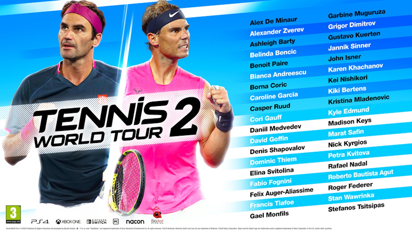 Tennis World Tour 2: Die 38 Tennisstars im Spiel.