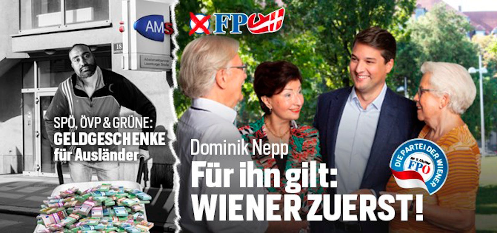 Dieses Sujet erregt die Gemüter: "Geldgeschenke für Ausländer" samt AMS-Logo auf einem Plakat der FPÖ Wien (13. September 2020)