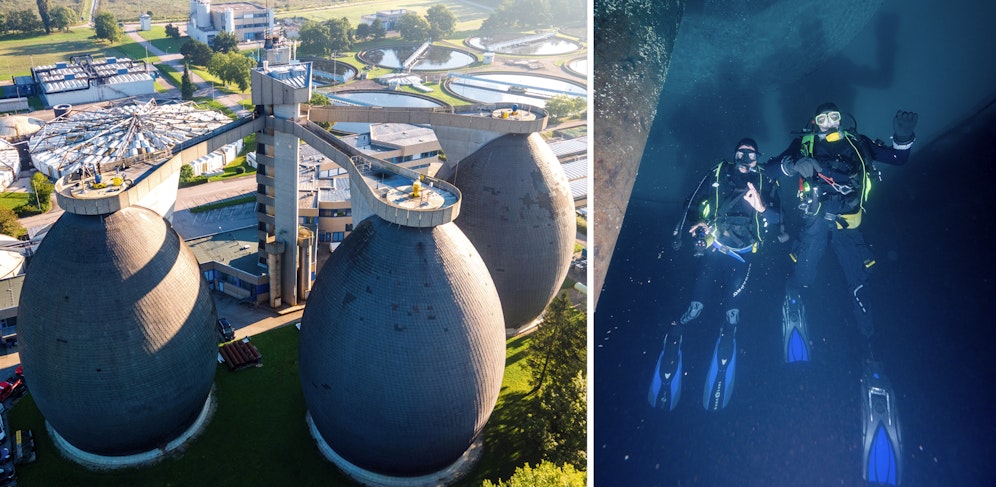 Hier tauchen 20 Feuerwehrmänner im Kläranlagen-Turm ab.