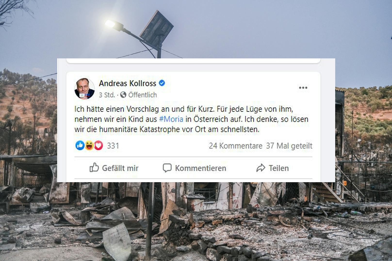 Posting von Kollross; im Hintergrund das abgebrannte Flüchtlingslager