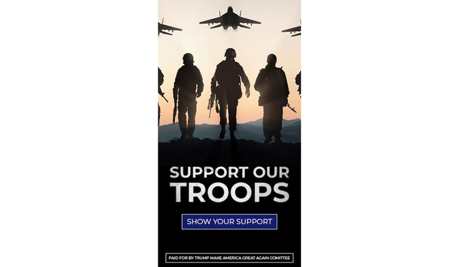 US-Wahlwerbeplakat "Support our Troops" wirbt mit russischen Jets und russischen Soldaten. <br>