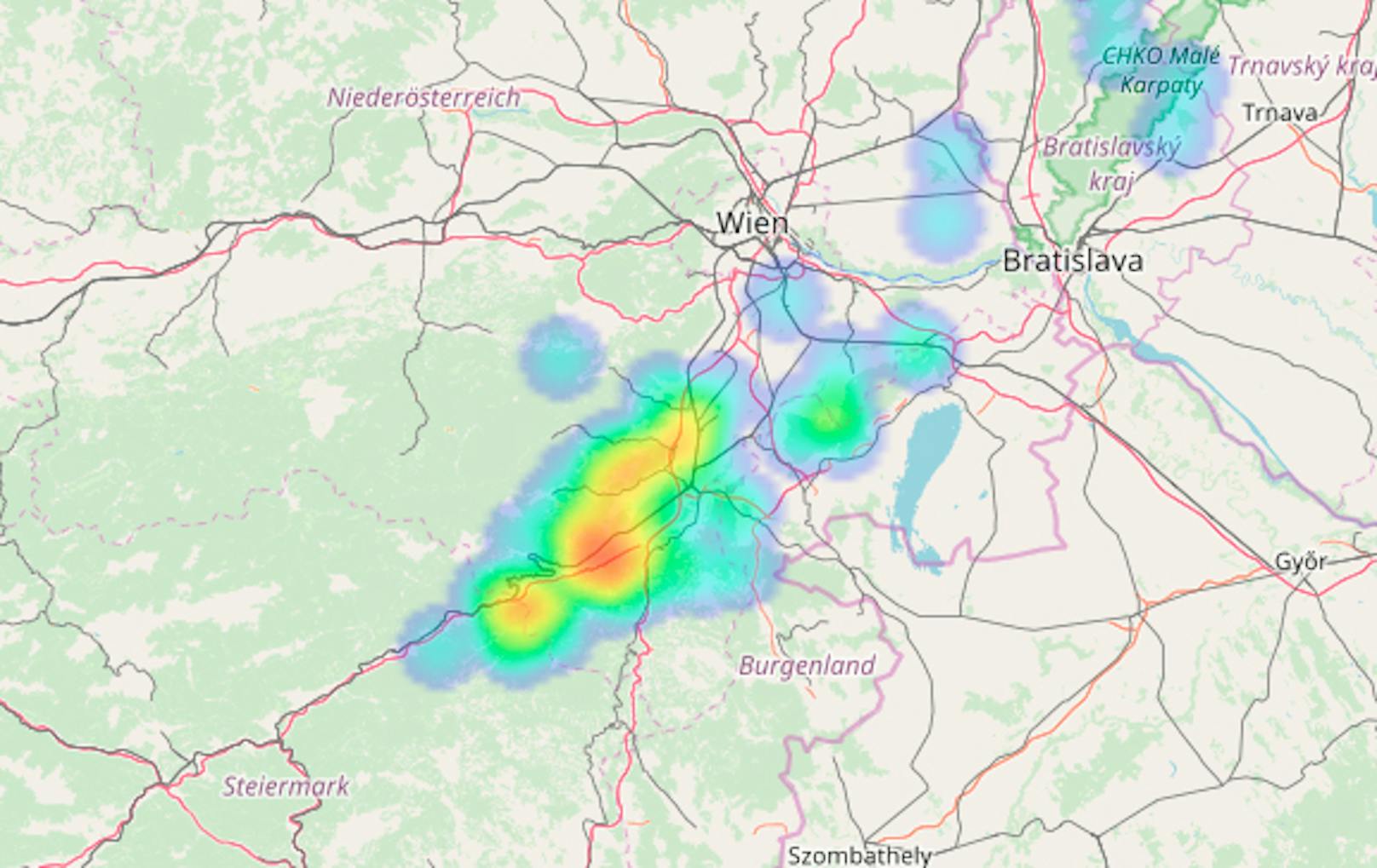 Live Gewitterkarte: Blitzaktivität im Süden Wiens in der letzten Stunde, 08.05 bis 09.05 Uhr