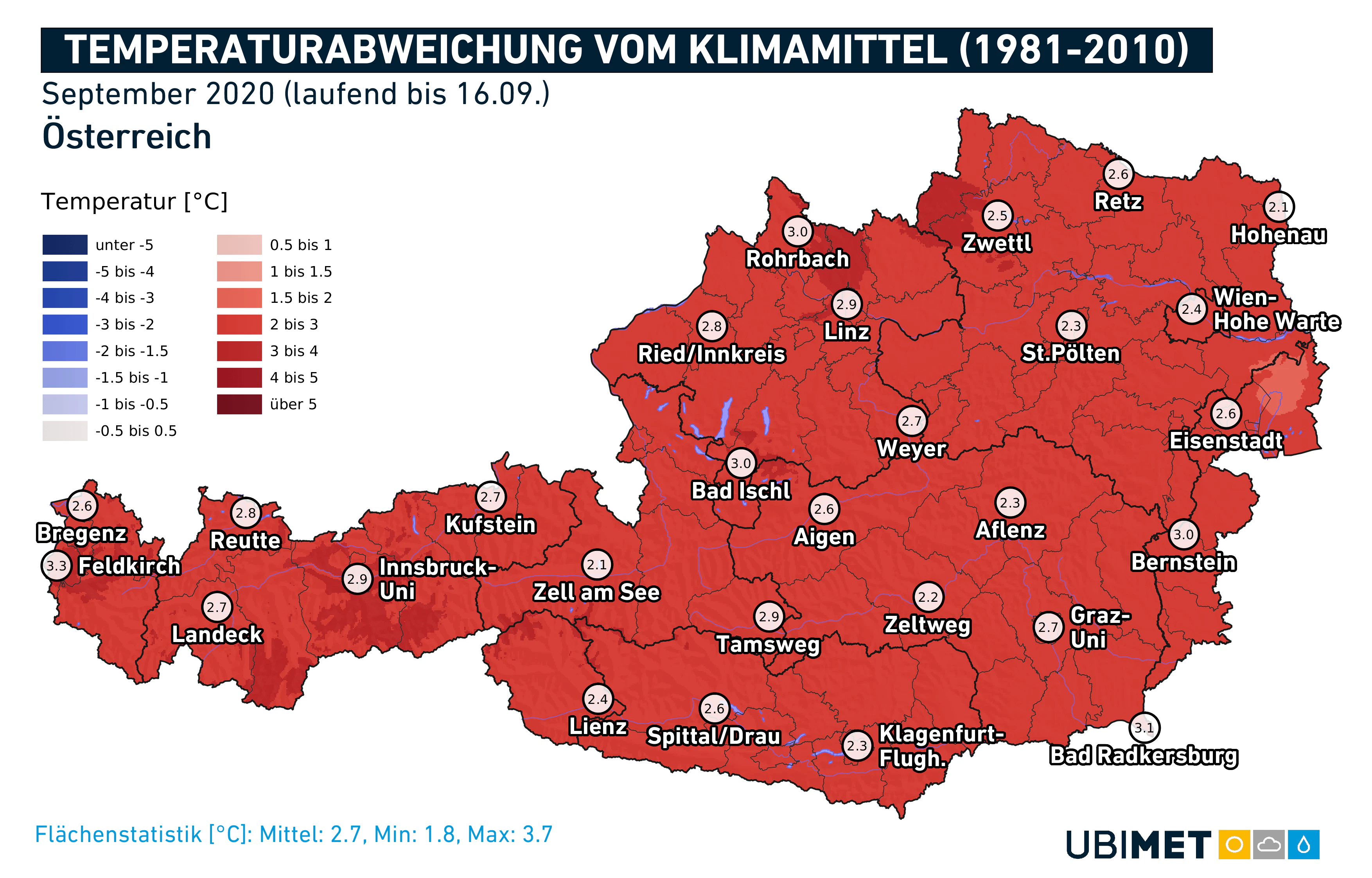 Temperaturabweichung vom Klimamittel im September 2020
