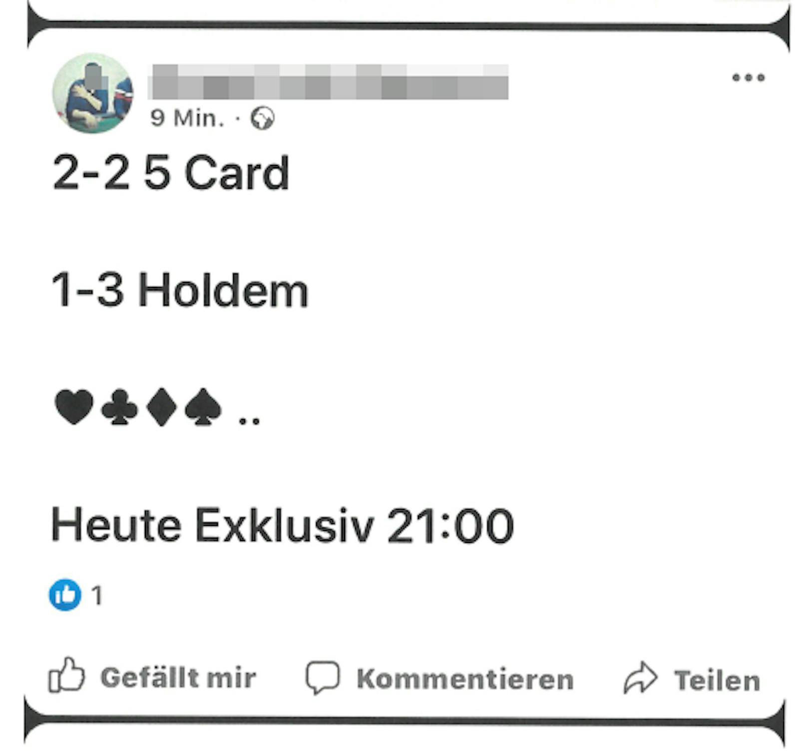 So wurde auf Facebook zu den illegalen Pokerrunden in Wien-Landstraße eingeladen.