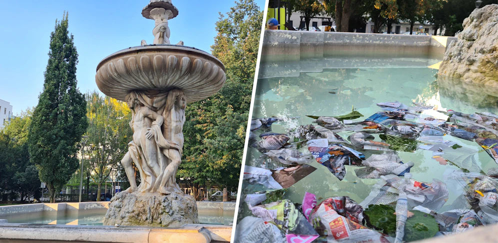 Unbekannte haben im Brunnen des Linzer Hessenparks Zeitungen versenkt.