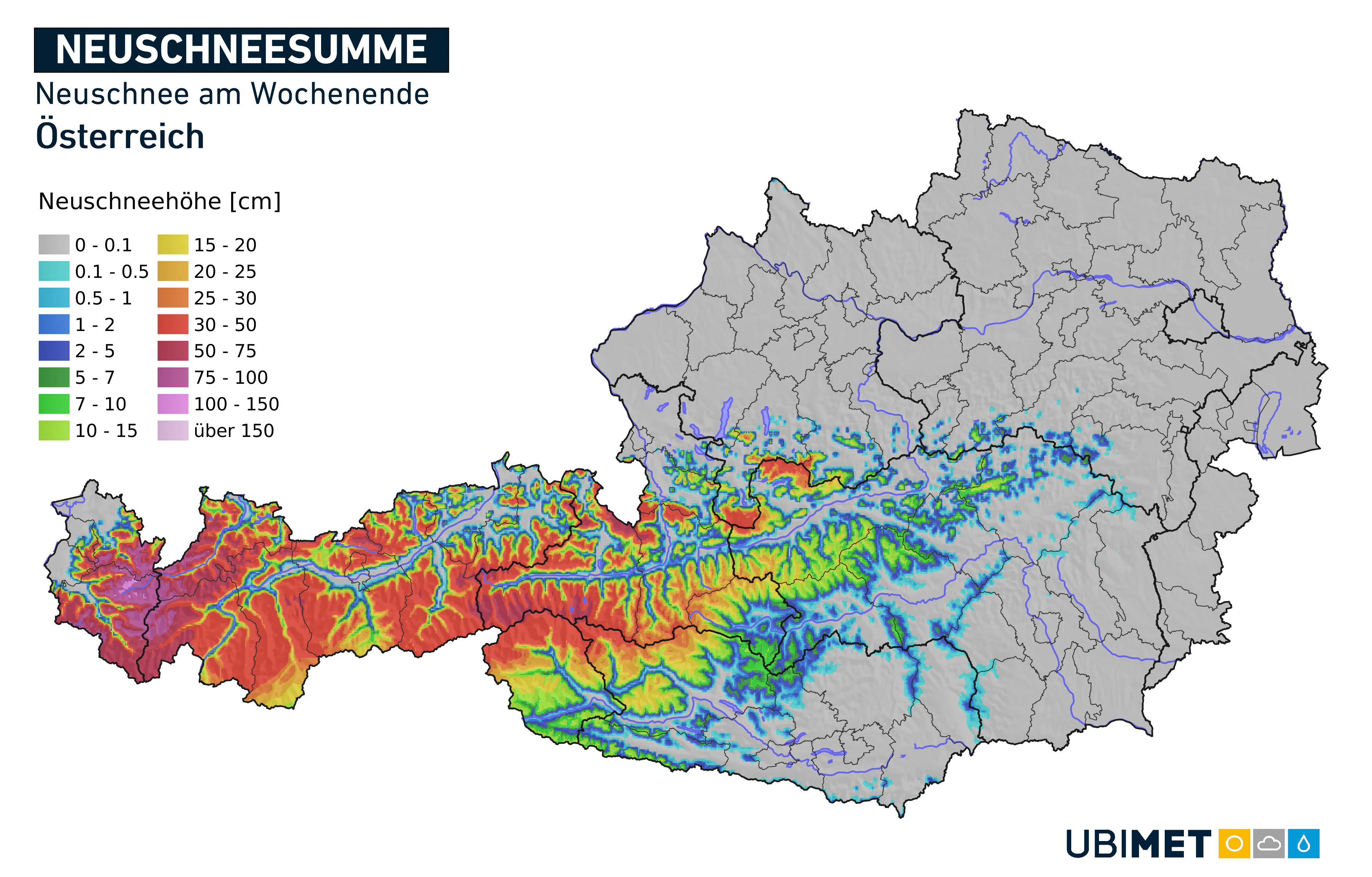 Die zu erwartenden Schneemengen in Österreich von Samstag 2 Uhr bis Montag 2 Uhr MESZ.