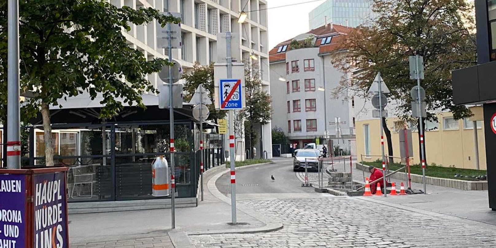 Das ist wohl Wiens bedrückendste Baustelle: Der Arbeiter muss einen Parkplatz schleifen – für einen Baum.