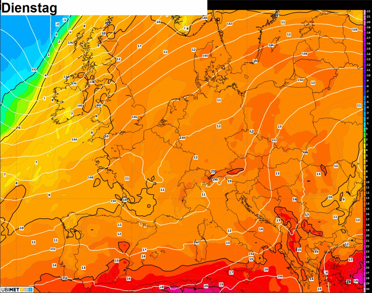 Die Temperaturentwicklung in 1500 m Höhe von Dienstag bis Samstag.