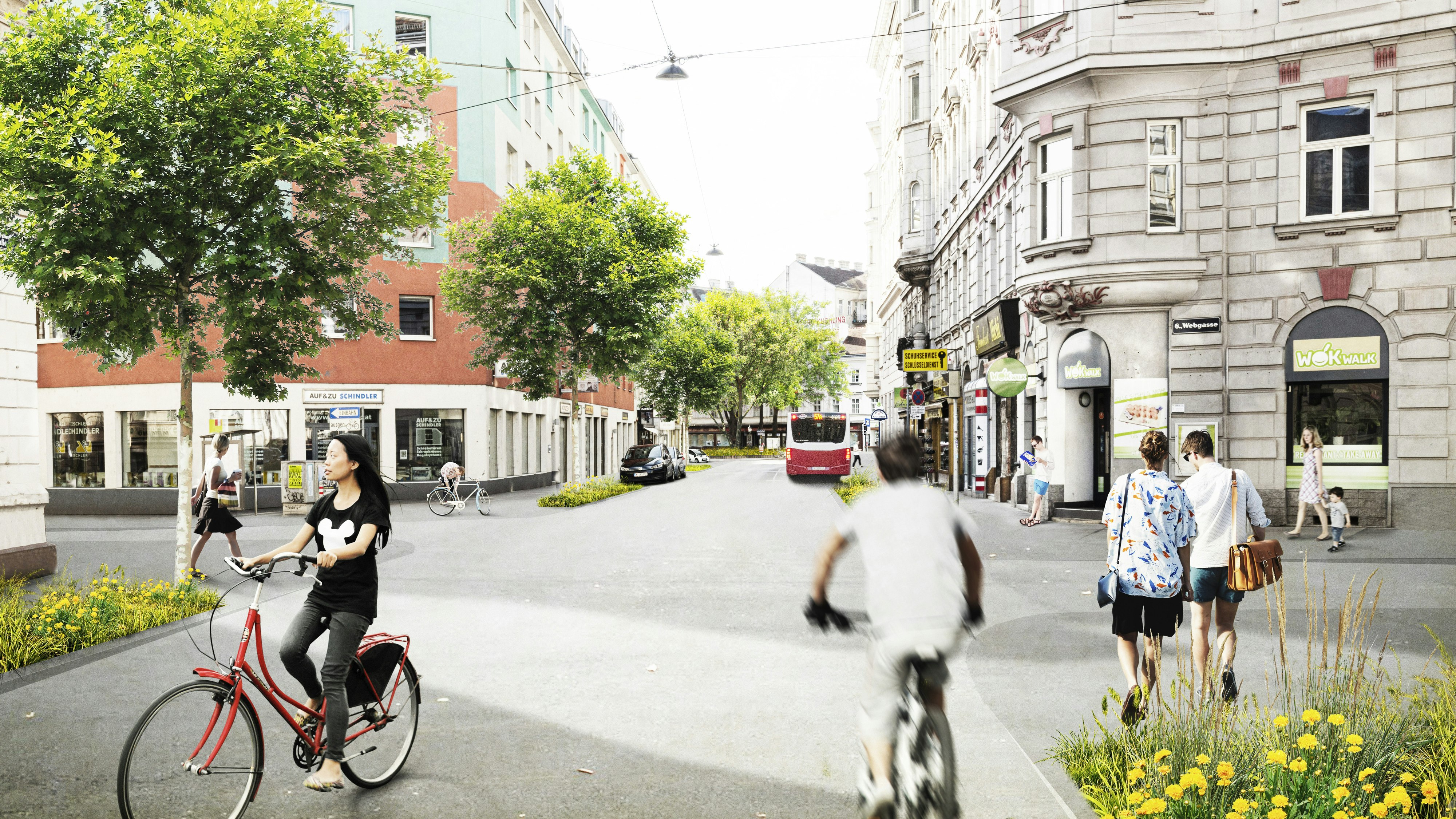 Vorschlag der Wiener Grünen zur Neugestaltung der Gumpendorfer Straße zwischen Web- und Stumpergasse.