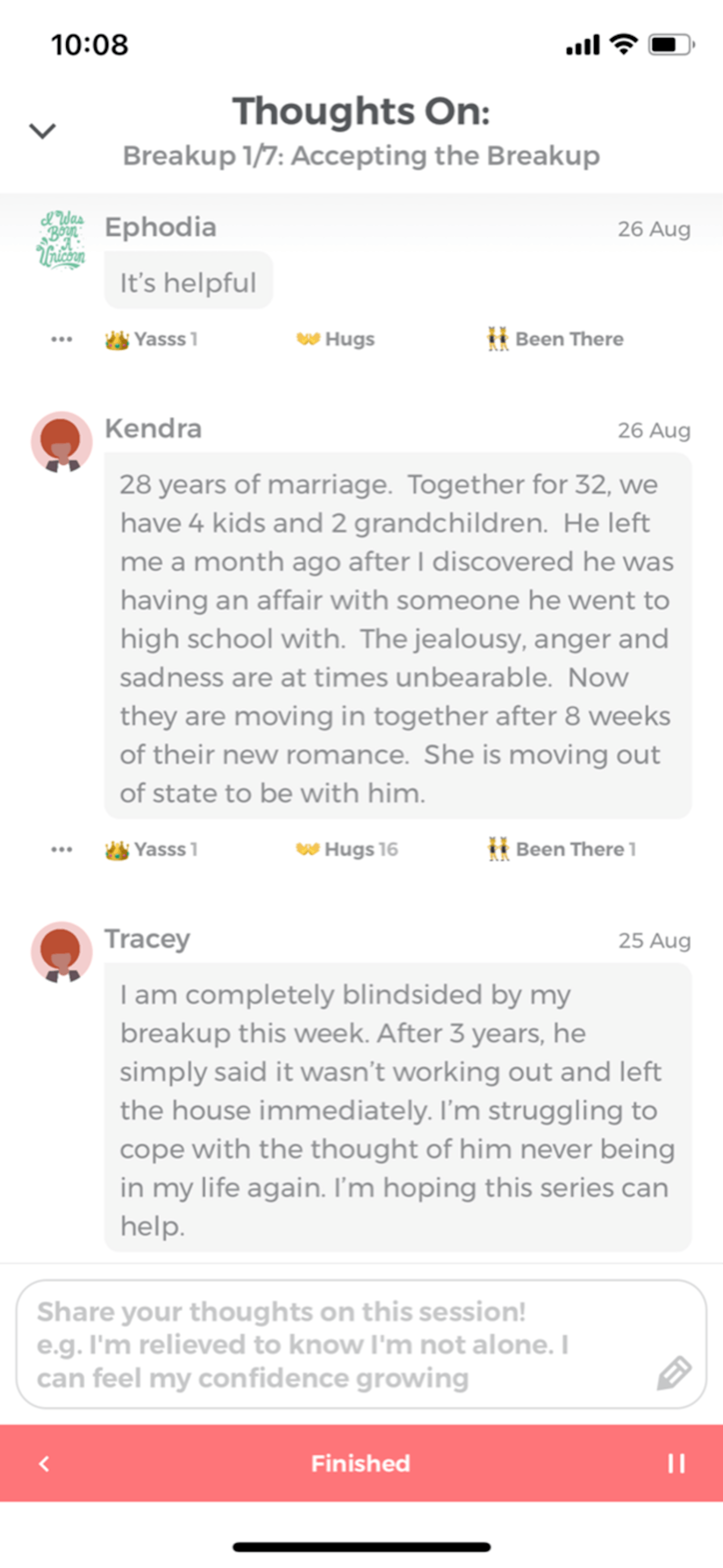 In der Kommentarfunktion teilen Userinnen der App ihre Breakup-Geschichten und tauschen sich aus.<br>