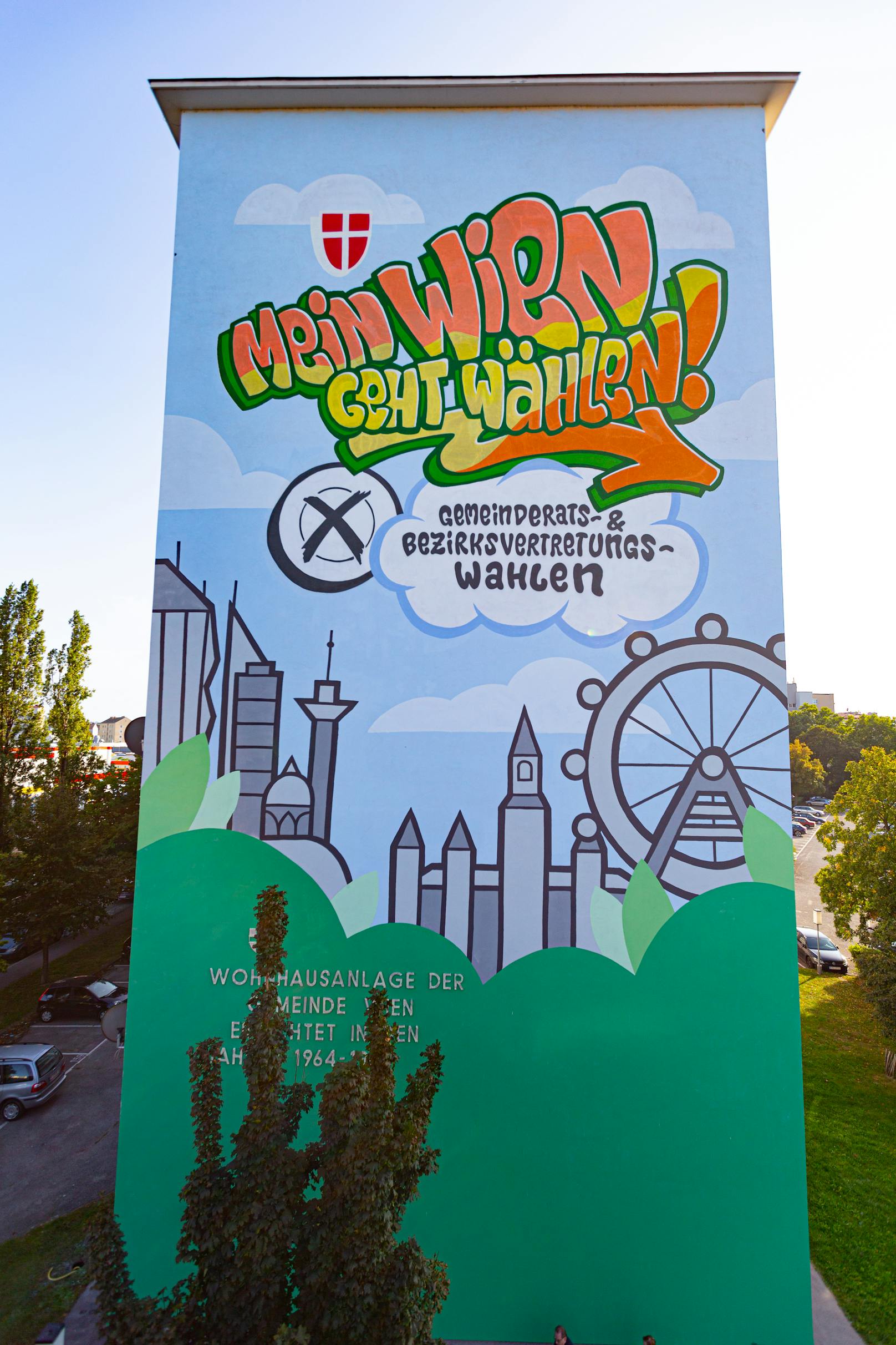 "Mein Wien geht wählen": Ein neues Wandgemälde in der Jägerstraße 95 (Brigittenau) ruft zur Teilnahme an der Wien-Wahl am 11. Oktober auf.